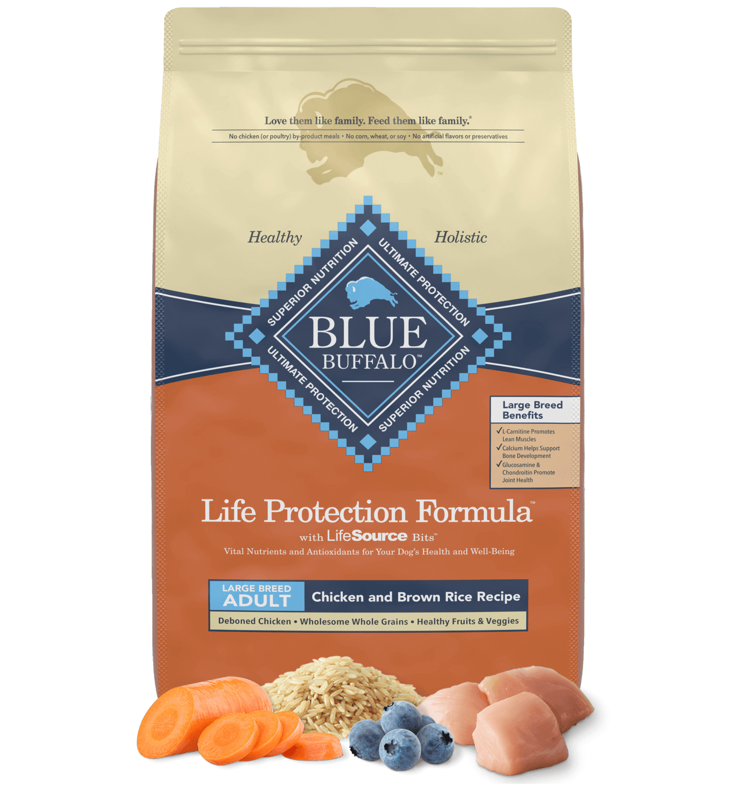 Bag of Blue Buffalo Large Breed Adult Chicken and Brown Rice Dry Dog Food