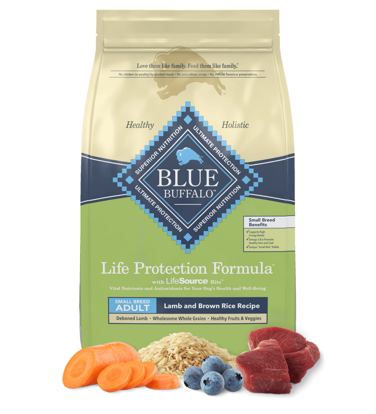 Bag of Blue Buffalo Life Protection Formula Adult Small Breed Lamb and Brown Rice Dry Dog Food