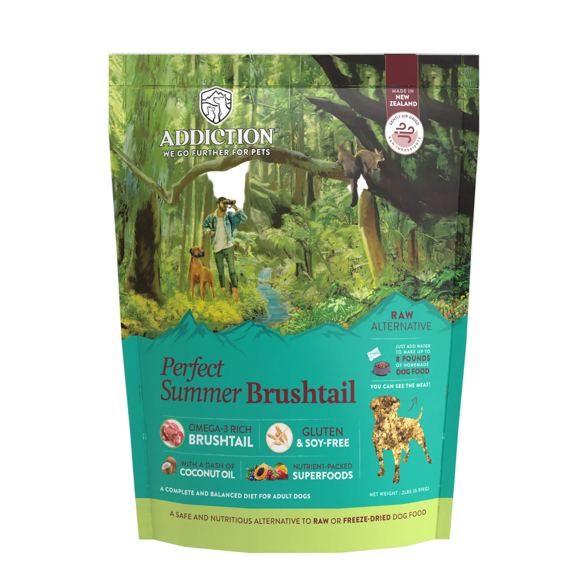 Perfect Summer Brushtail Air-Dried Dog Food package, Addiction Pet Foods USA, sold through Sniff and Shift