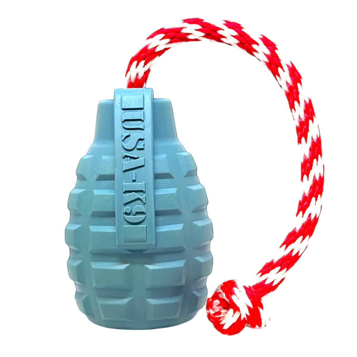 USA-K9 Grenade steel blue rubber chew toy with grooved treat-dispensing cavity, SodaPup, sold through Sniff and Shift