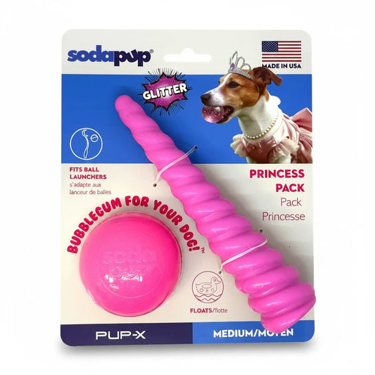 Princess Pack pink glitter ball and Unicorn Horn chew toy bundle, SodaPup, sold through Sniff and Shift