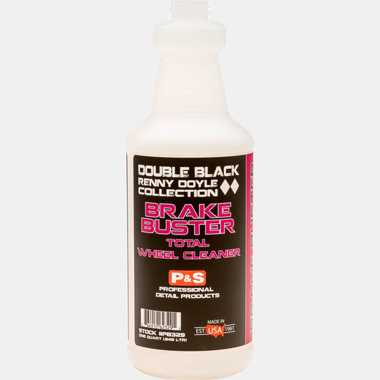 P&S Brake Buster 32 oz secondary container spray bottle, natural white plastic with a black and pink Double Black Collection label and no sprayer fitted