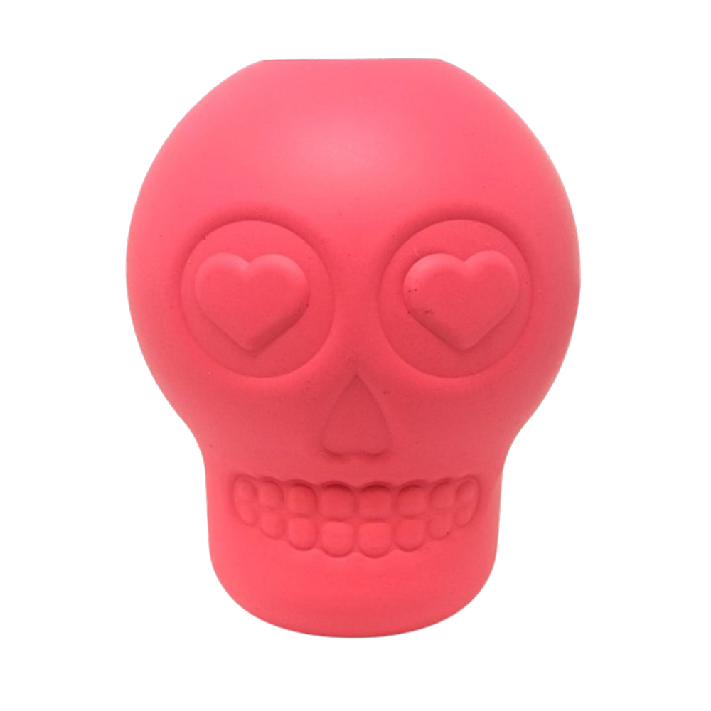 Pink Sugar Skull shaped rubber treat dispenser for large dogs, SodaPup, sold through Sniff and Shift