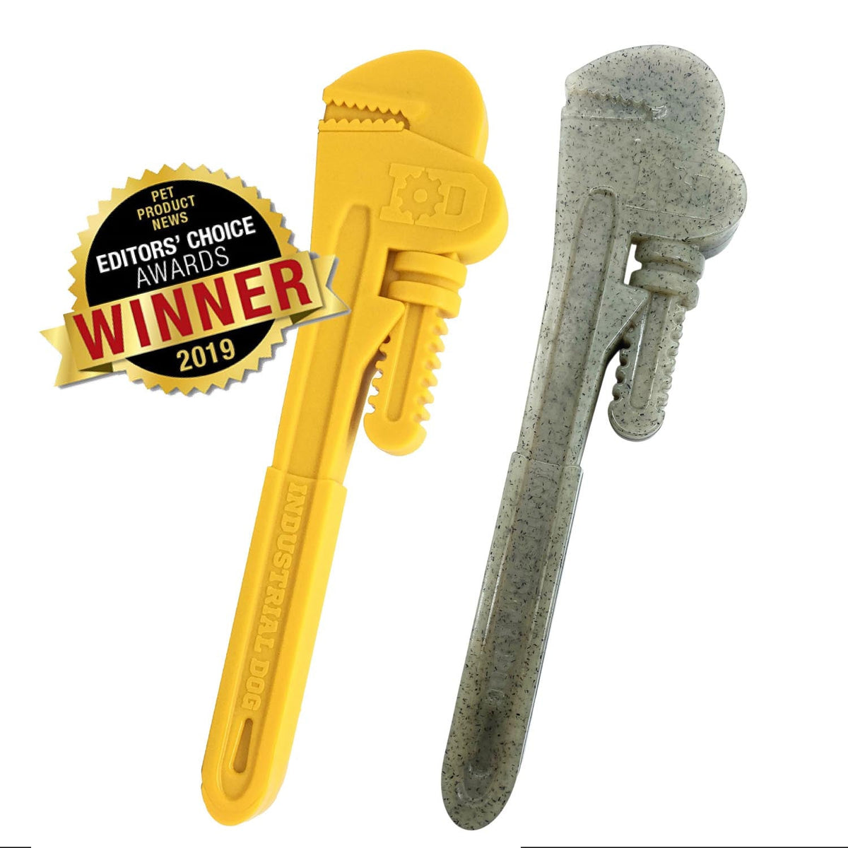 Pipe Wrench shaped nylon chew toy in yellow or brown, SodaPup, sold through Sniff and Shift