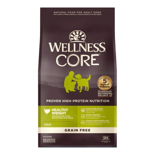 4lb bag of Wellness Core Healthy Weight Adult Grain Free Turkey and Chicken dry dog food