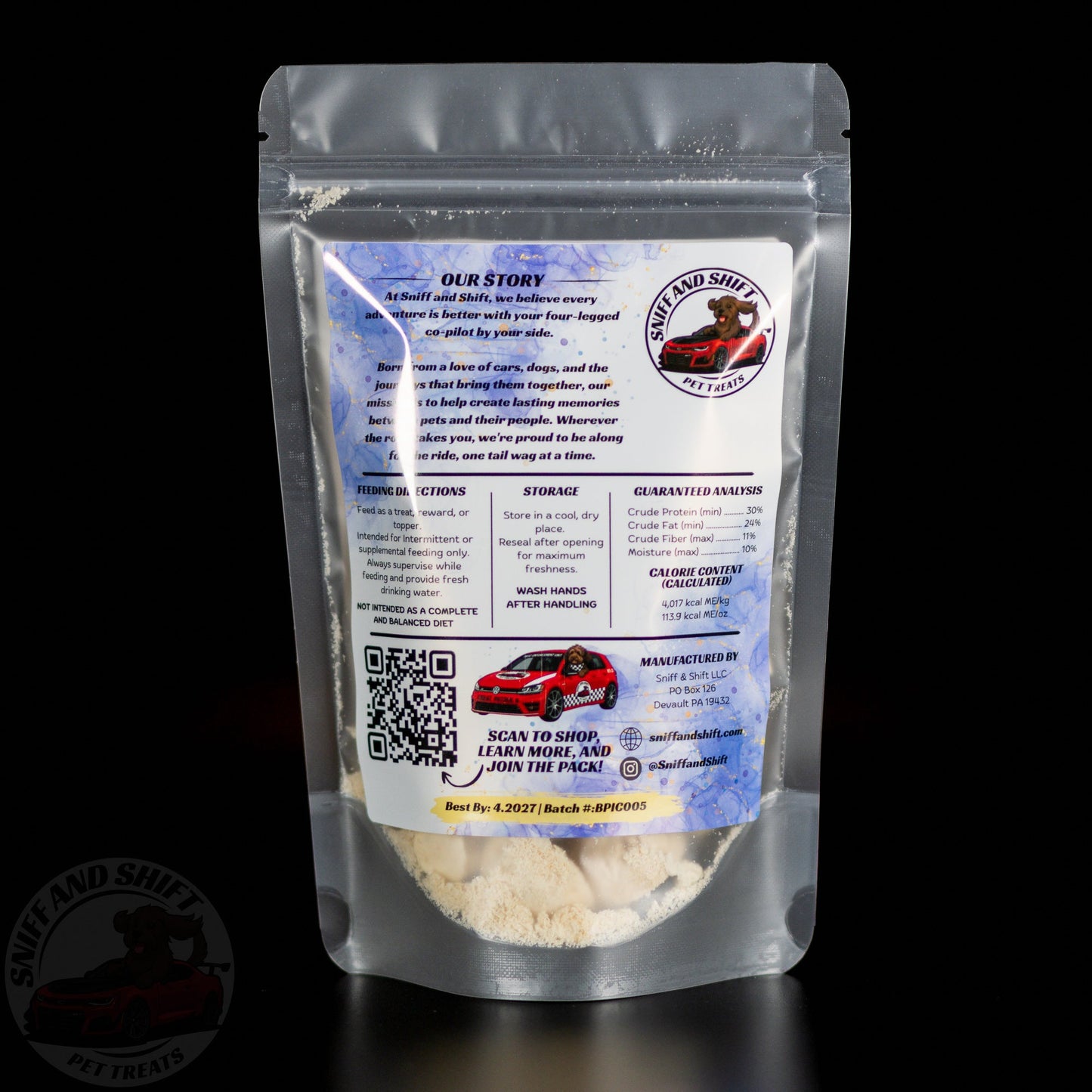 Pup-Ornaut Banana Peanut Butter Dog Ice Cream — back of bag with ingredients and feeding directions