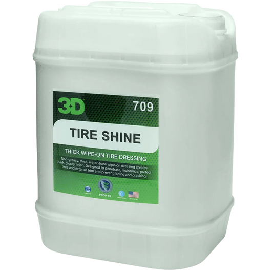 3D Tire Shine 5 gallon pail, pale green plastic bucket with a green and black Tire Shine label