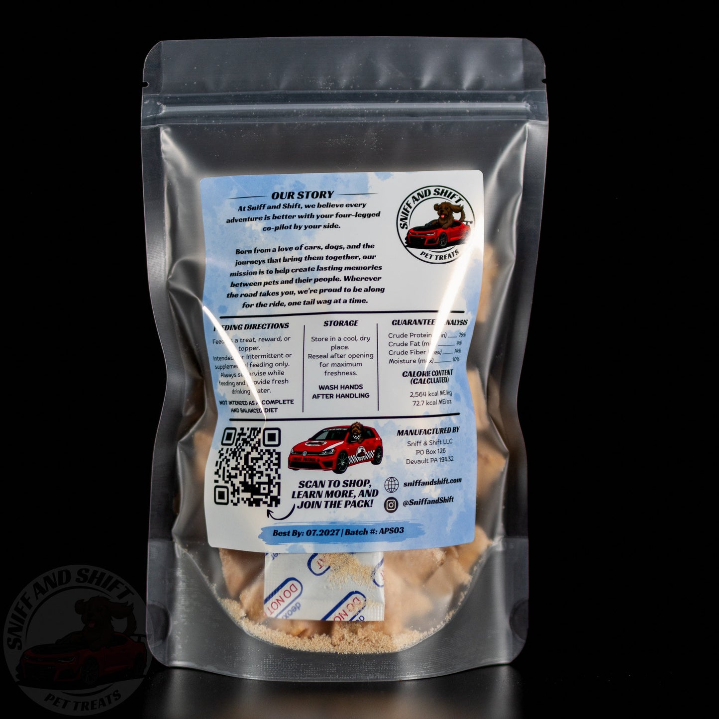 Freeze-Dried Salmon Bites — back of bag with ingredients, feeding directions and guaranteed analysis