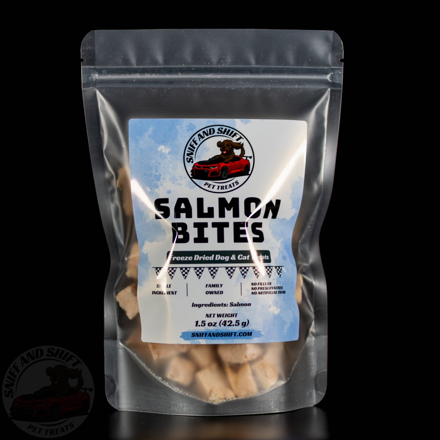 Freeze-Dried Pink Salmon Bites for dogs and cats — front of bag | Sniff and Shift wild-caught treats