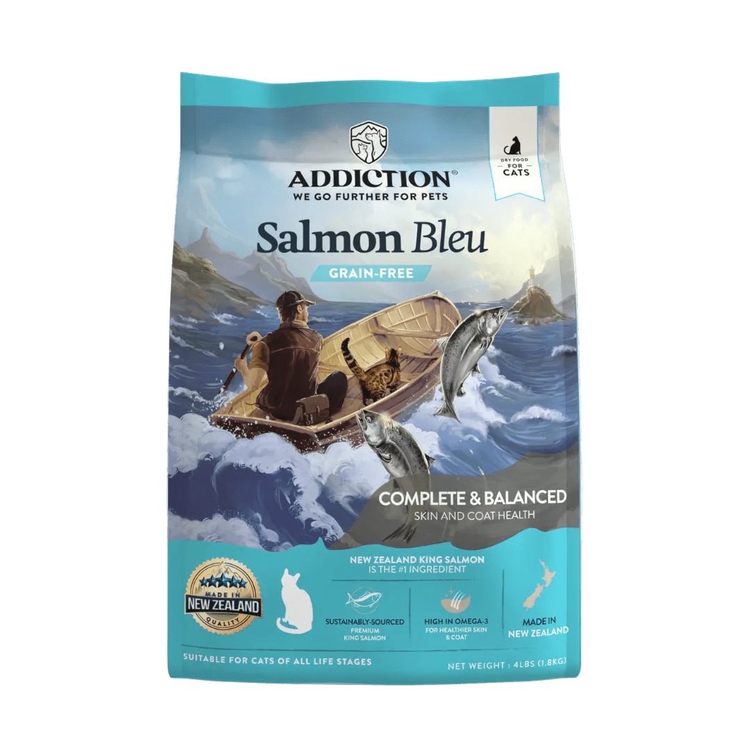 Salmon Bleu dry cat food bag, Addiction Pet Foods USA, sold through Sniff and Shift