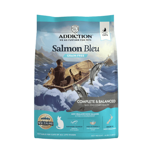 Salmon Bleu dry cat food bag, Addiction Pet Foods USA, sold through Sniff and Shift