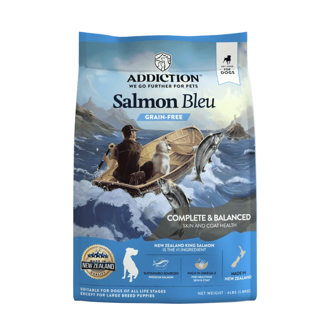 Salmon Bleu dry dog food bag, Addiction Pet Foods USA, sold through Sniff and Shift