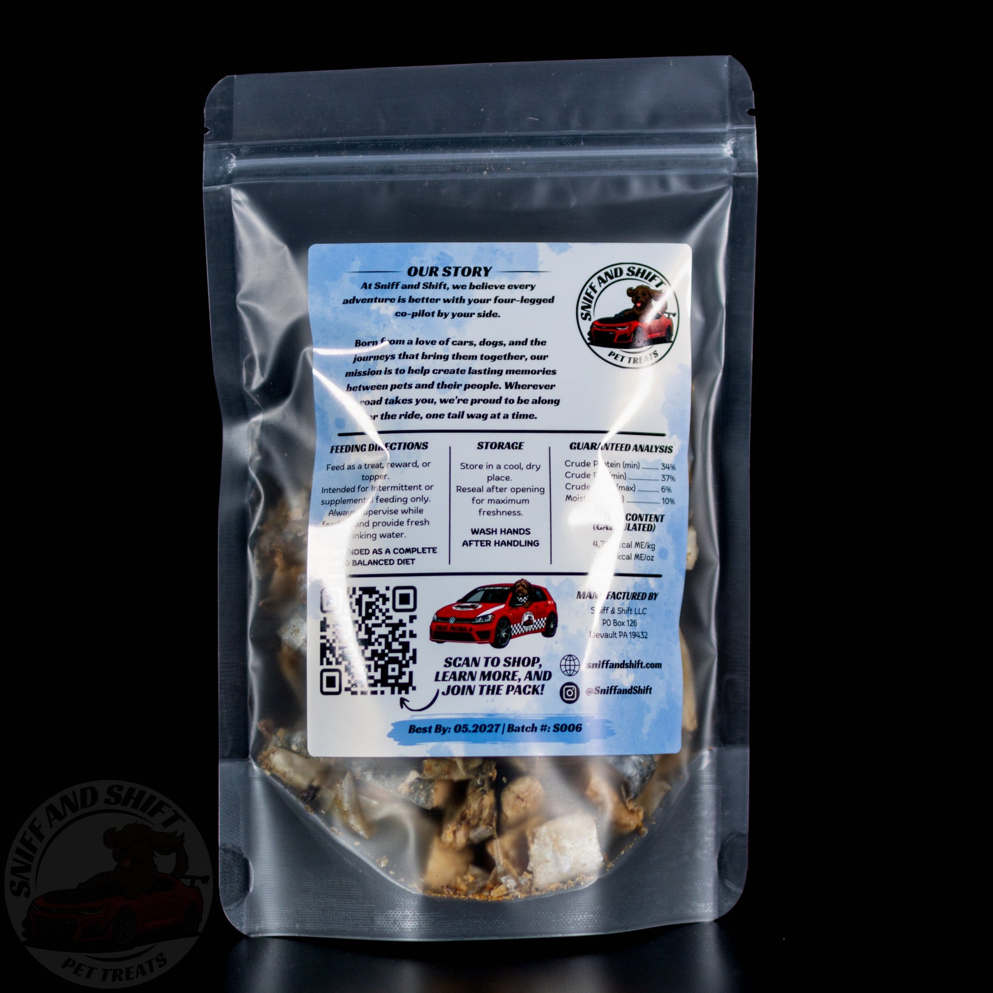 Freeze-Dried Whole Sardines — back of bag with ingredients, feeding directions and guaranteed analysis