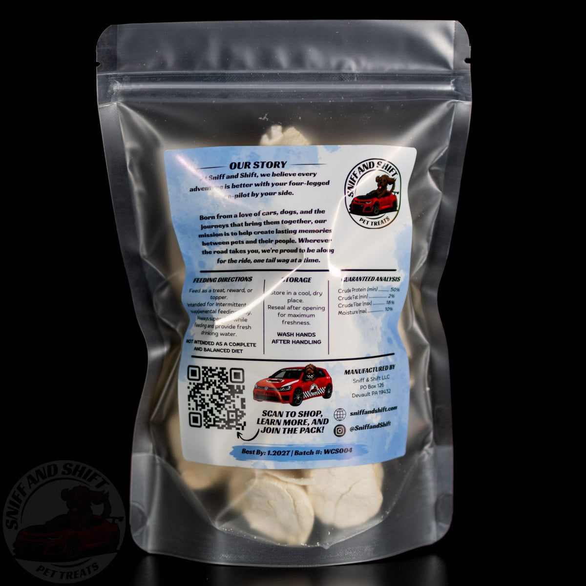 Freeze-Dried Scallops — back of bag with ingredients, feeding directions and guaranteed analysis