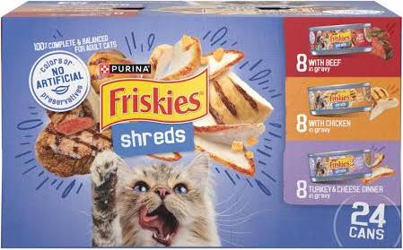 Box of Friskies Shredded Variety wet cat food, 24 cans of 5.5 ounce