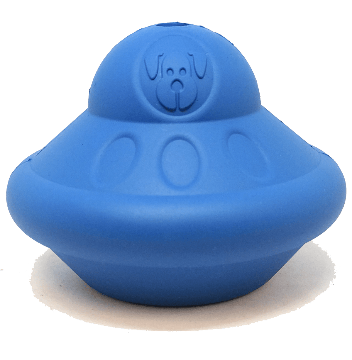 Blue Flying Saucer rubber UFO chew toy and treat dispenser, SodaPup, sold through Sniff and Shift