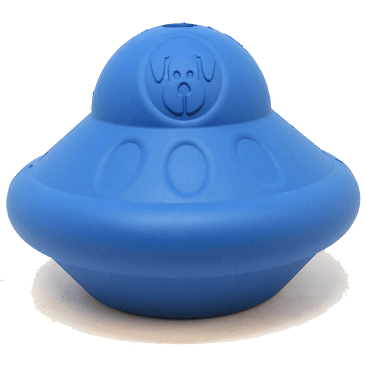 Blue Flying Saucer rubber UFO chew toy and treat dispenser, SodaPup, sold through Sniff and Shift