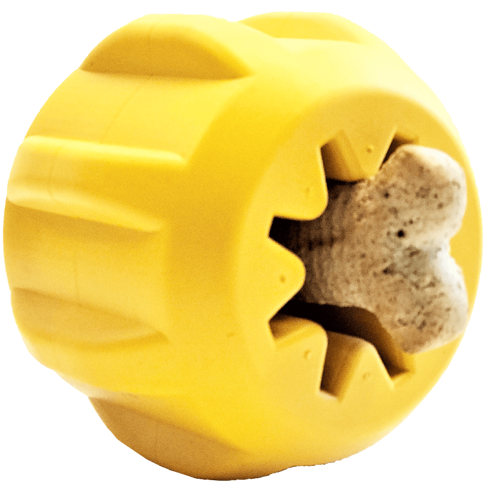 Yellow Gear eDispenser rubber yak chew holder with built-in treat pocket, SodaPup, sold through Sniff and Shift