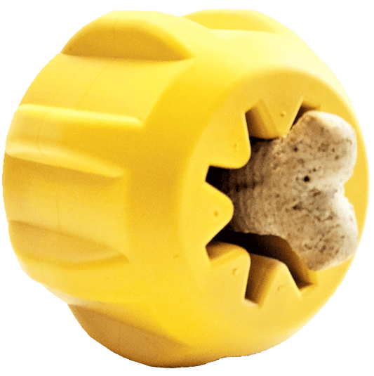 Yellow Gear eDispenser rubber yak chew holder with built-in treat pocket, SodaPup, sold through Sniff and Shift