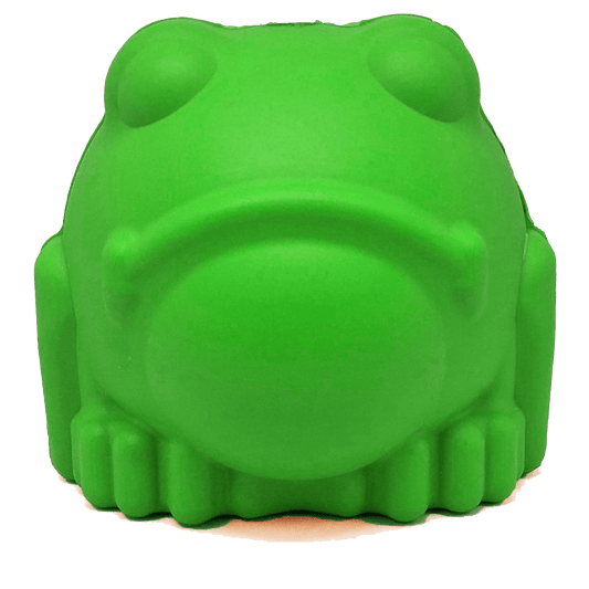 Green Bull Frog rubber chew toy and treat dispenser for large dogs, SodaPup, sold through Sniff and Shift