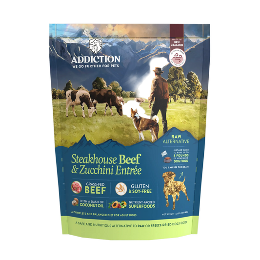 Steakhouse Beef & Zucchini Air-Dried Dog Food package, Addiction Pet Foods USA, sold through Sniff and Shift