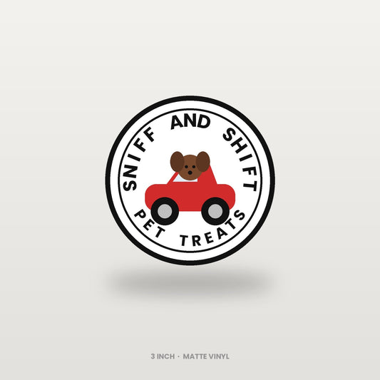 Sniff and Shift 3-inch matte circle logo sticker