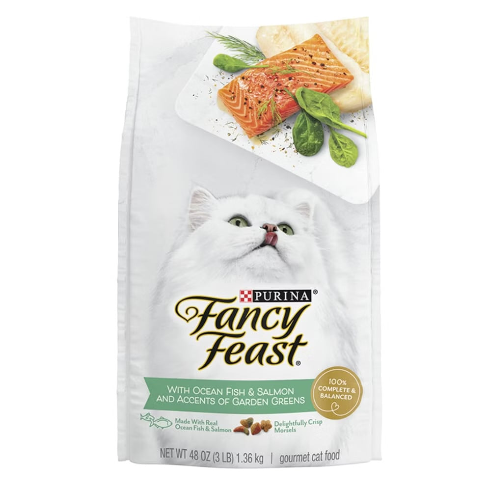 Bag of Fancy Feast Gourmet Oceanfish dry cat food, 3lb size.
