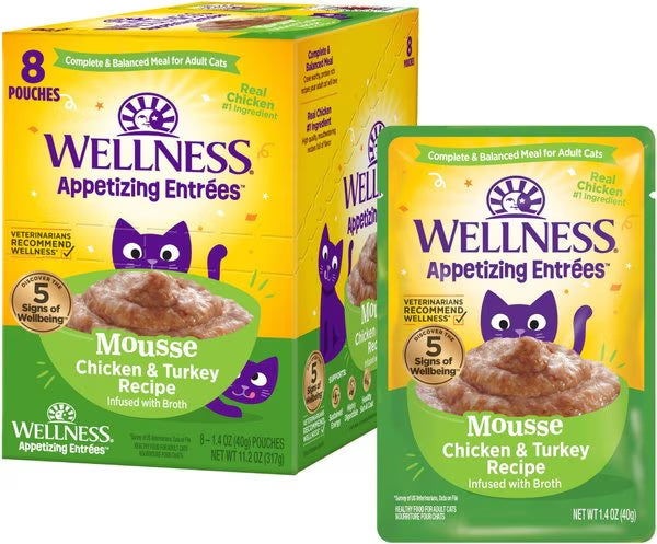 Wellness Appetizing Entrees chicken and turkey mousse wet cat food pouch, 1.4 oz