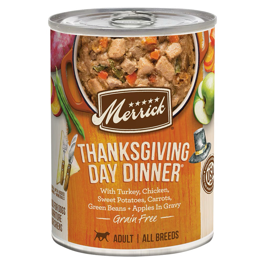 Can of Merrick Wet Dog Grain Free Thanksgiving Dinner 12.7oz wet dog food
