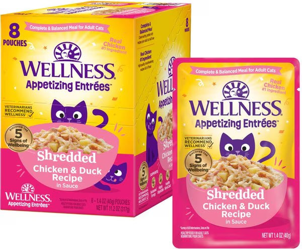 Wellness Appetizing Entrees shredded chicken wet cat food pouch, 1.4 oz