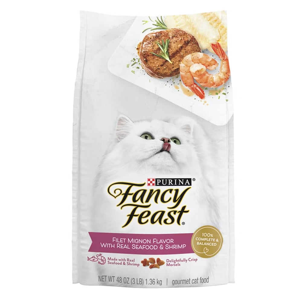 Bag of Fancy Feast Gourmet Filet Mignon dry cat food, 3lb size.