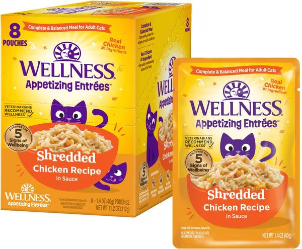 Wellness Appetizing Entrees shredded chicken wet cat food pouch, 1.4 oz