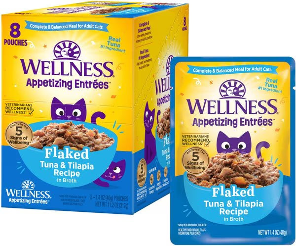 Wellness Appetizing Entrees flaked tuna and tilapia wet cat food pouch, 1.4 oz