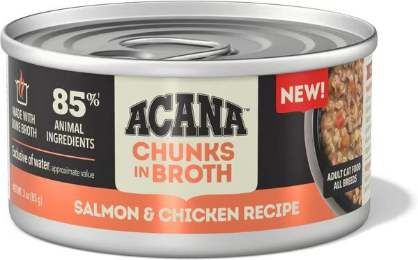 Acana Chunks in Broth Salmon & Chicken wet cat food can, 3oz