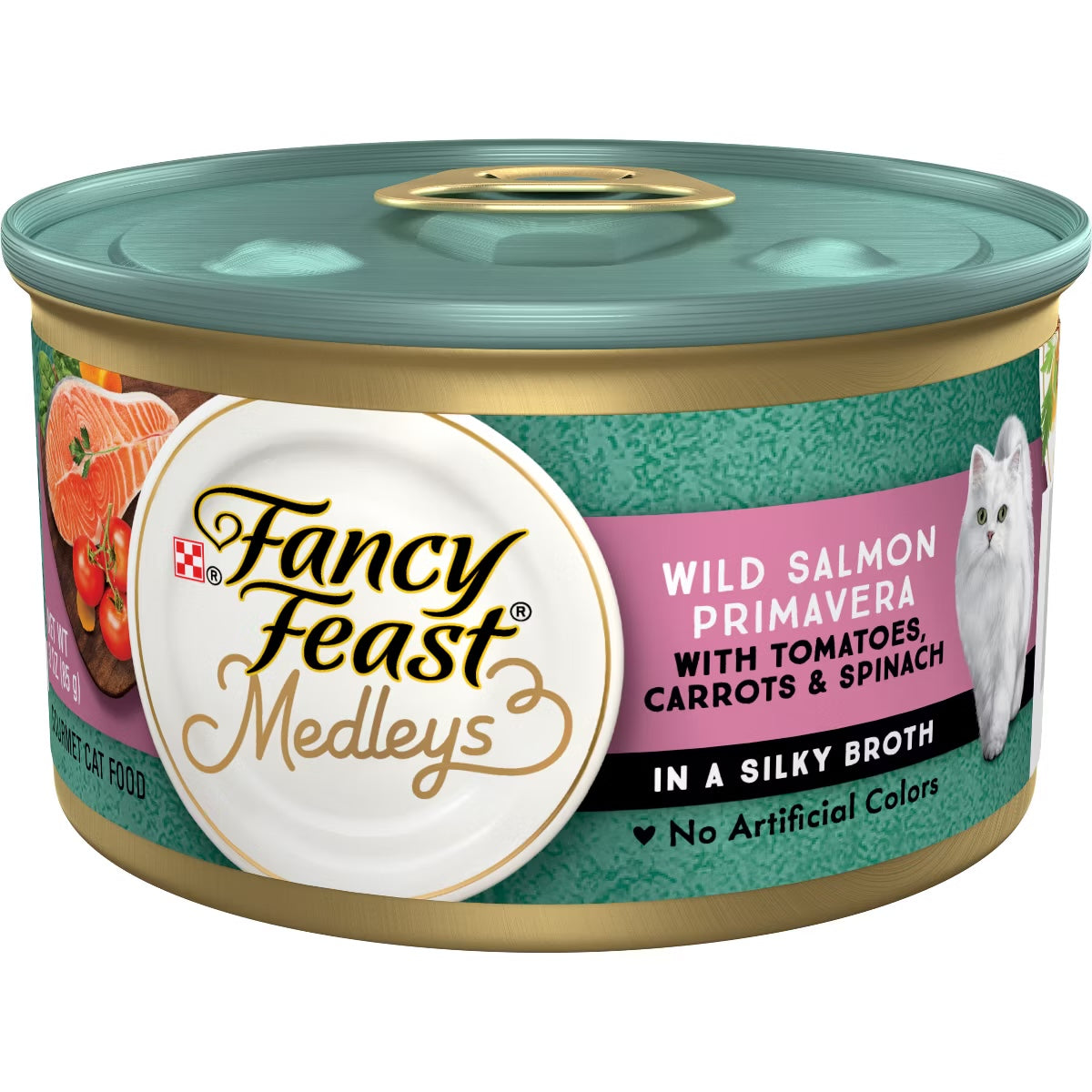 Can of Fancy Feast Medleys Salmon Primavera wet cat food, 3oz