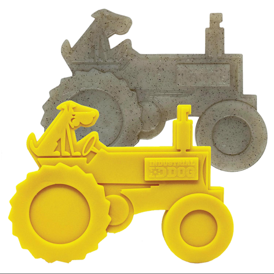 Yellow Tractor nylon chew toy for medium and large dogs, SodaPup, sold through Sniff and Shift
