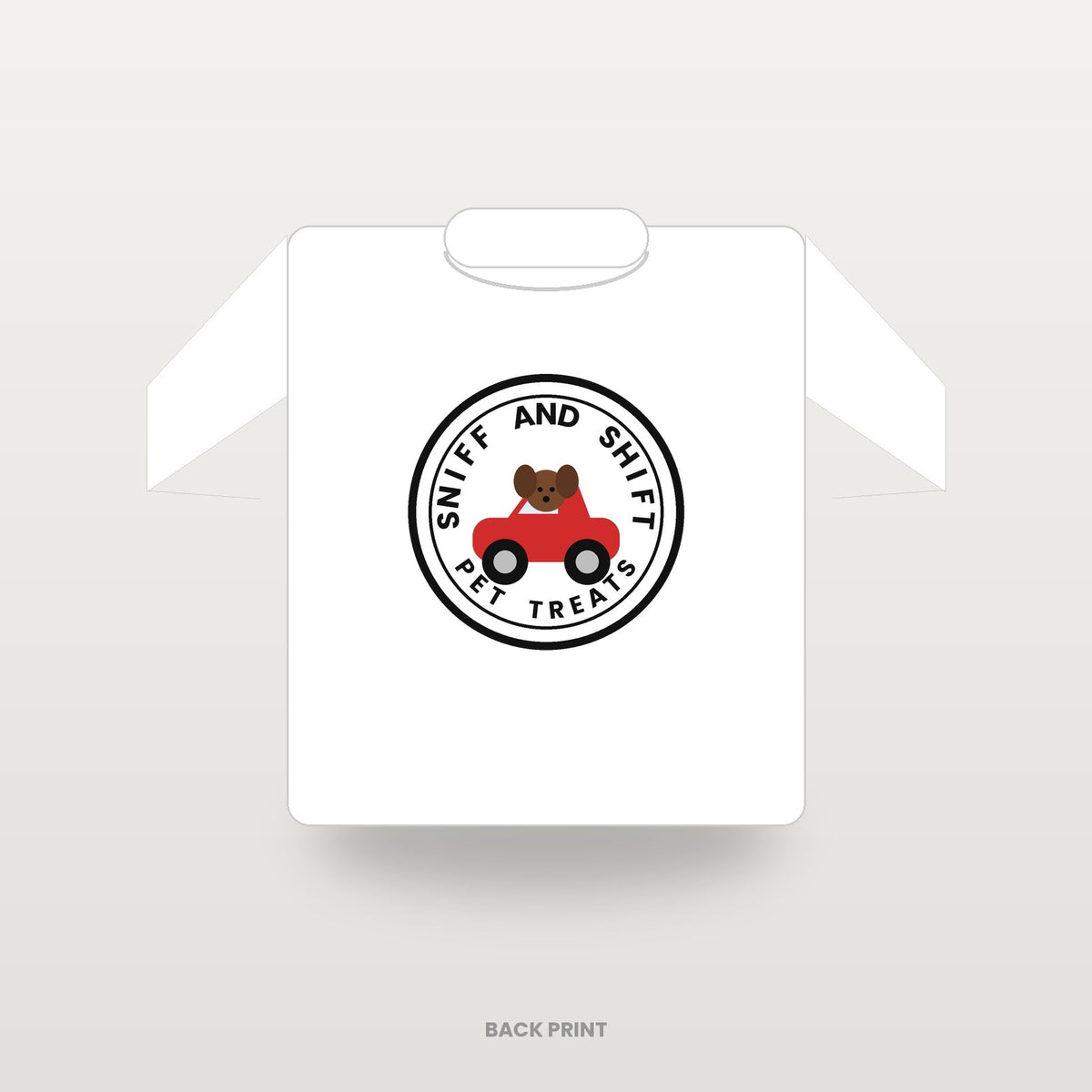 Sniff and Shift circle-logo T-shirt in white, back print, flat lay