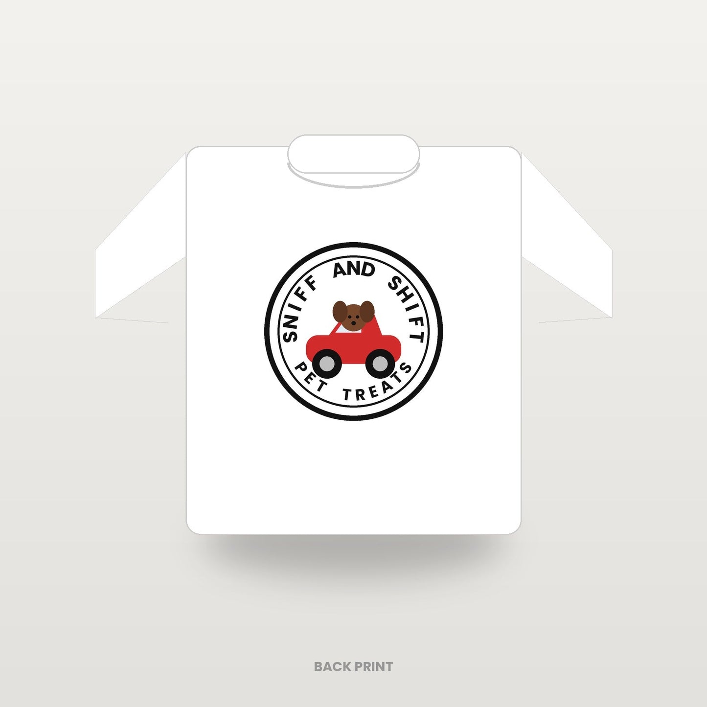 Sniff and Shift circle-logo T-shirt in white, back print, flat lay