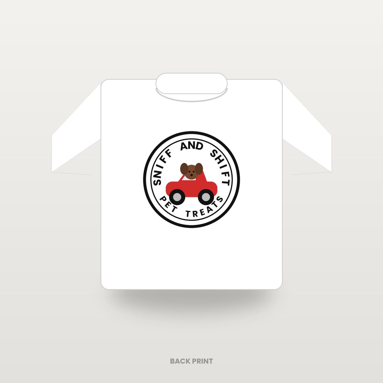 Sniff and Shift circle-logo T-shirt in white, back print, flat lay