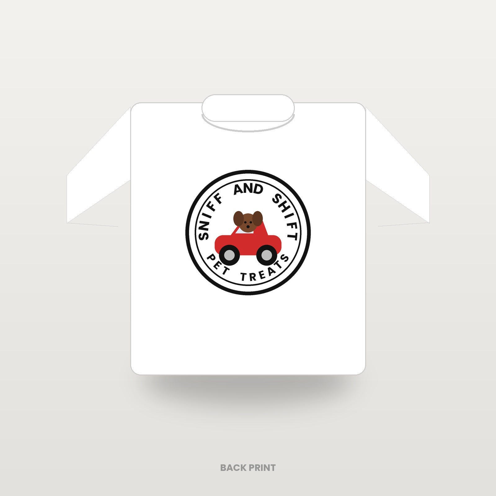 Sniff and Shift circle-logo T-shirt in white, back print, flat lay