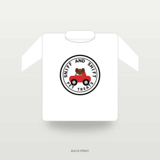 Sniff and Shift circle-logo T-shirt in white, back print, flat lay