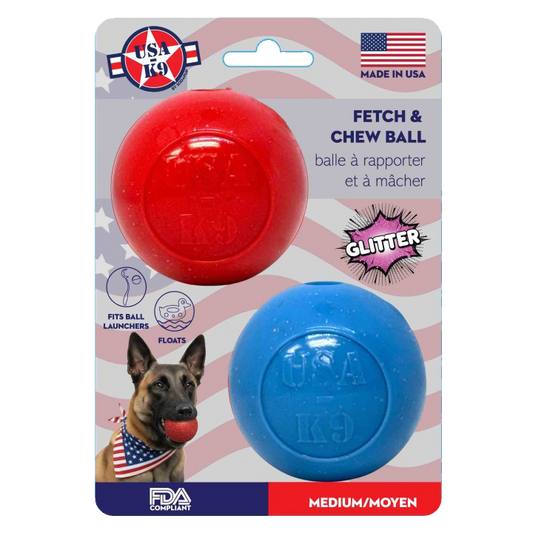 Red and blue Glitter Ball 2-Pack rubber fetch toys, SodaPup, sold through Sniff and Shift