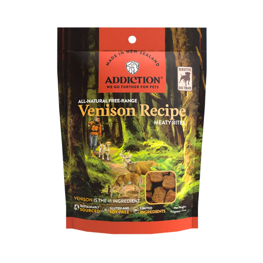 Venison Meaty Bites single-protein dog treats package, Addiction Pet Foods USA, sold through Sniff and Shift