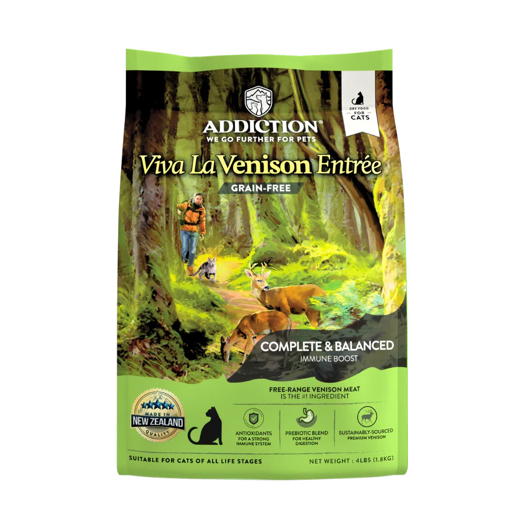 Viva La Venison dry cat food bag, Addiction Pet Foods USA, sold through Sniff and Shift