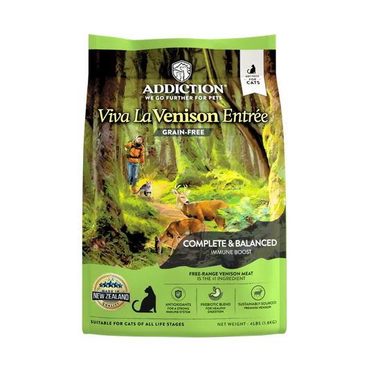 Viva La Venison dry cat food bag, Addiction Pet Foods USA, sold through Sniff and Shift