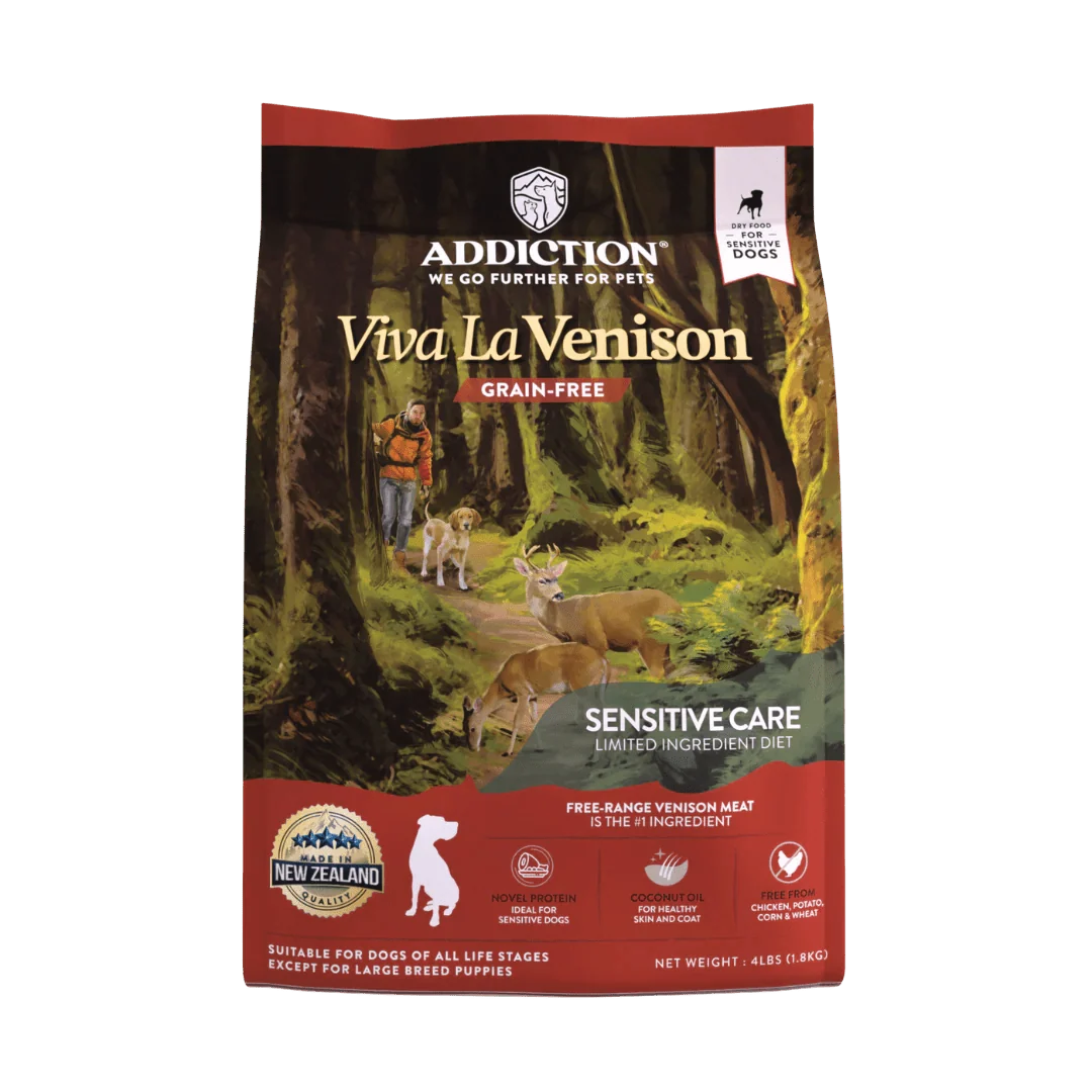 Viva La Venison dry dog food bag with venison recipe, Addiction Pet Foods USA, sold through Sniff and Shift