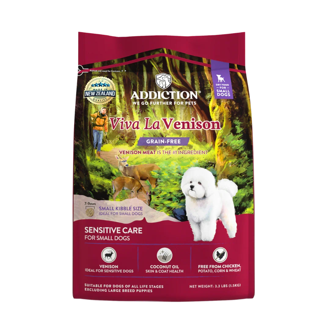 Viva La Venison small breed dry dog food bag, Addiction Pet Foods USA, sold through Sniff and Shift