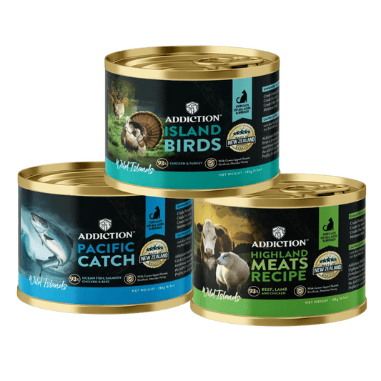Wild Islands canned cat food mix flavor variety pack, 185g cans, Addiction Pet Foods USA, sold through Sniff and Shift