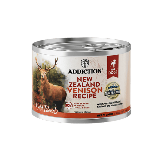 Wild Islands venison canned dog food, 185g can, Addiction Pet Foods USA, sold through Sniff and Shift