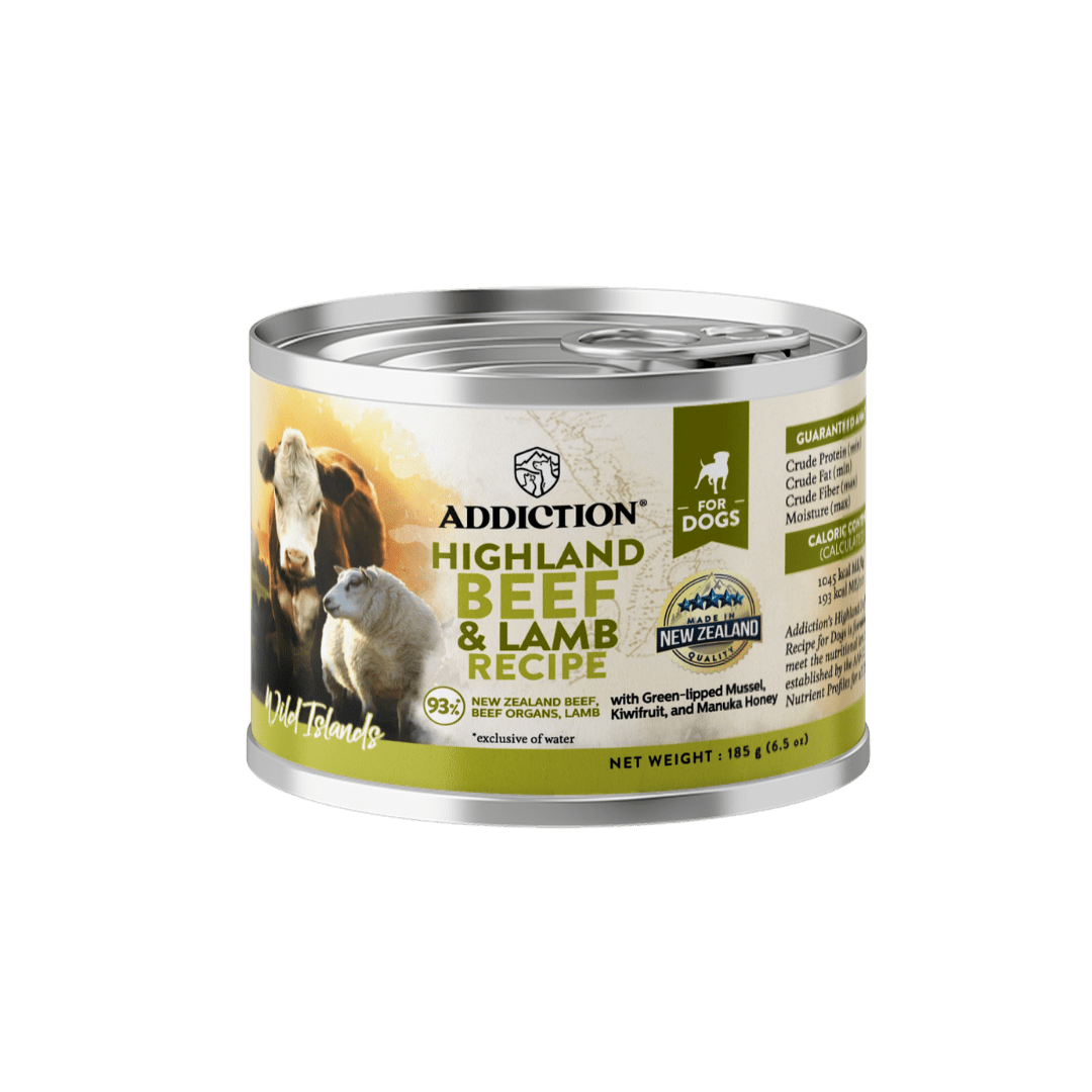 Wild Islands Highland beef and lamb canned dog food, 185g, Addiction Pet Foods USA, sold through Sniff and Shift